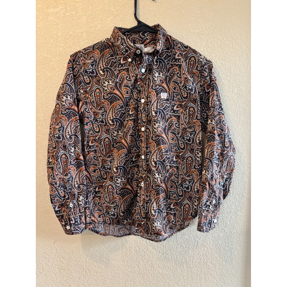 Cinch Boys Brown Navy Paisley Western Long Sleeve Button Down Shirt Size Med 10